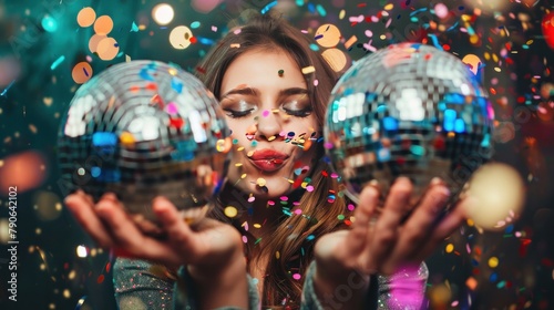 Happy fashion girl blowing confetti holding vintage disco ball - Party concept 