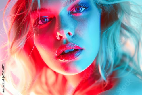 Captivating Portrait of a Young Woman in Vibrant Neon Lights at Night