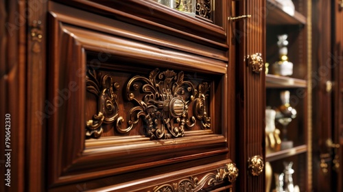 Close-up of a luxury pantry cabinet, exquisitely crafted with rich wood and elegant details