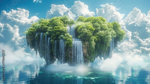 Beautiful fantasy world, floating island with lush greenery and waterfalls in the middle of blue sky, bright sunny day. Generative AI. photo