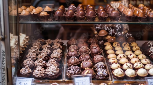 Rich variety of chocolates and candies in display window of italian pastry shop at sunny day at the street of Florence