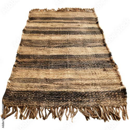 A brown and black striped handwoven rug with a fringe border.