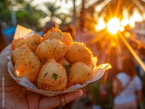 Coxinha being enjoyed at a vintage Brazilian festival, joy and jubilation, golden hour photo