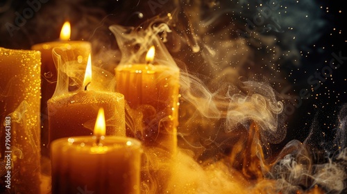 Wind blowing through yellow candles with a black background for an advertisement
