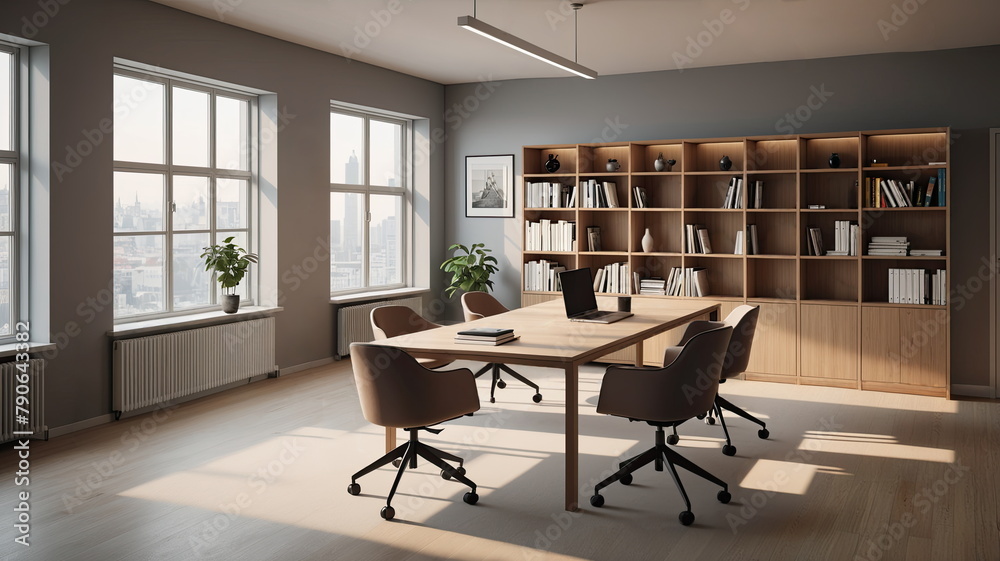 office space with table, chairs, bookshelves