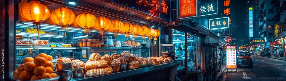 Pineapple Bun under neon signs in Hong Kong, sweet and savory contrast, night vibe - obrazy, fototapety, plakaty 