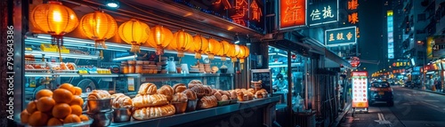 Pineapple Bun under neon signs in Hong Kong, sweet and savory contrast, night vibe photo