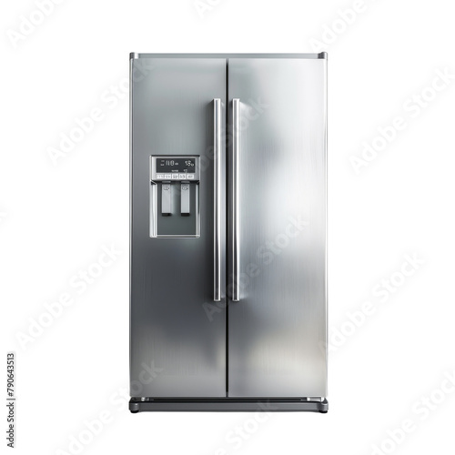 A stainless steel french door refrigerator with a water and ice dispenser on the front