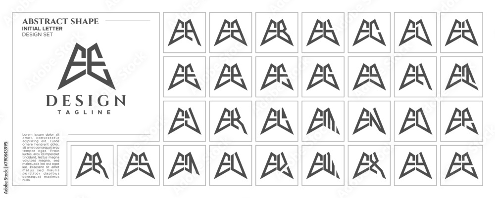 Flat line sharp abstract shape letter E EE logo stamp set Flat line sharp abstract shape letter E EE logo stamp set