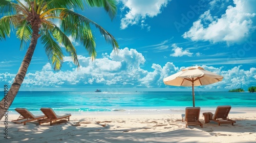 Tropical beach background with palm trees, blue sky and lounge chairs with umbrellas.