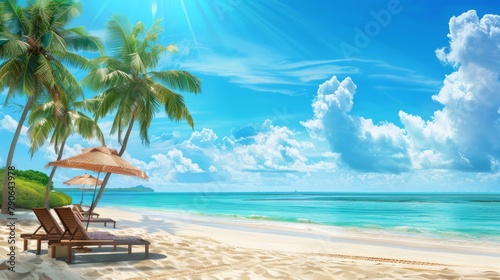 Tropical beach background with palm trees  blue sky and lounge chairs with umbrellas.