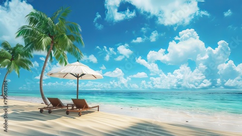 Tropical beach background with palm trees, blue sky and lounge chairs with umbrellas.