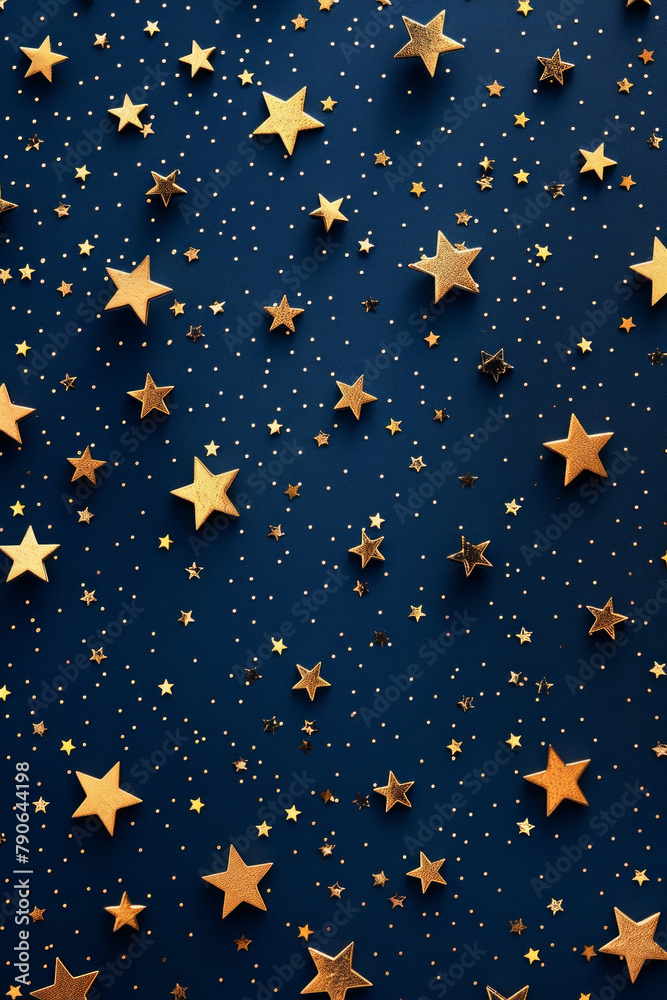 Golden metallic stars on dark blue background in elegant design