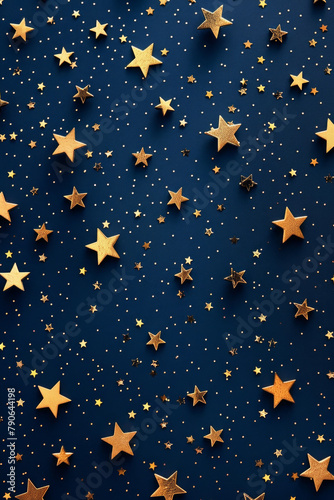 Golden metallic stars on dark blue background in elegant design