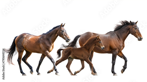 Three brown horses in motion, with a foal, isolated on a white background.