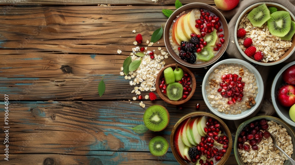 variety of oatmeal bowls, each garnished with different fruits variety of oatmeal bowls, each garnished with different fruits