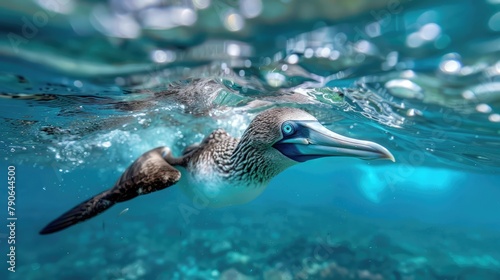 Blue-footed booby diving for fish inside the ocean. photo