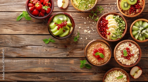 variety of oatmeal bowls, each garnished with different fruits
