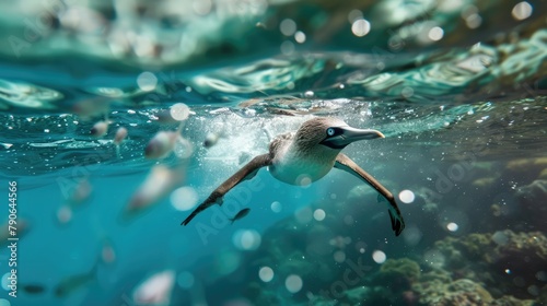 Blue-footed booby diving for fish  photo