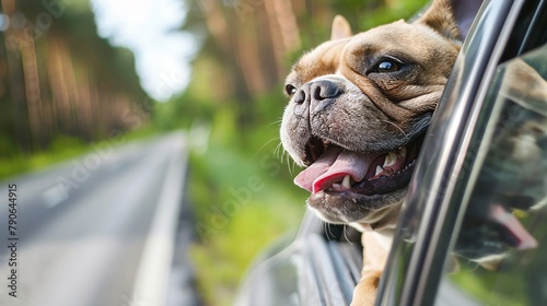Happy dog with head out of a car window