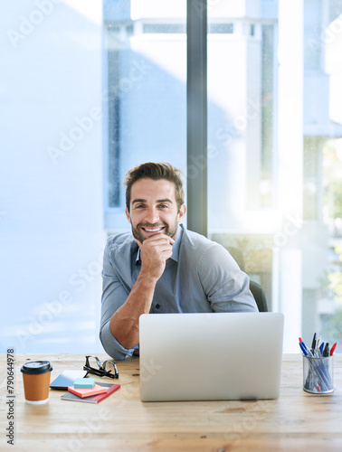 Portrait, smile or business with laptop, man or employee with professional startup in modern office. Face, magazine editor or journalist with computer, publisher or confidence for article research