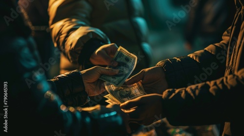 A close-up of hands exchanging stolen goods and money in a dark, secluded area