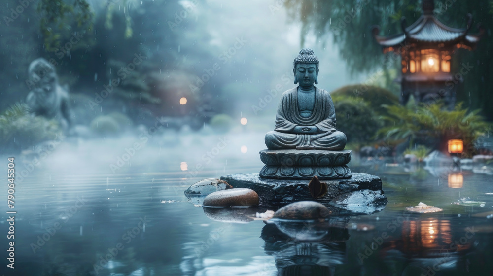A Buddha statue sits on a rock in a pond. The pond is surrounded by trees and the water is calm and still. The atmosphere is peaceful and serene. Ai generated. A Buddha statue sits on a rock in a pond. The pond is surrounded by trees and the water is calm and still. The atmosphere is peaceful and serene. Ai generated.