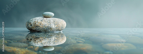Pile of Zen stones on the water surface. The reflection of the rock is visible in the water. Concept of calm and tranquility. Ai generated photo