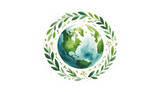 Watercolor illustration of Earth with a green floral wreath, symbolizing sustainability and nature, ideal for Earth Day and environmental awareness campaigns