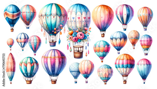Vibrant collection of watercolor hot air balloons, ideal for travel themes, adventure concepts, and festivals like Albuquerque International Balloon Fiesta photo