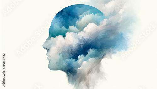 Surreal profile silhouette with a sky and clouds concept overlay, representing creativity, psychology, and World Mental Health Day photo