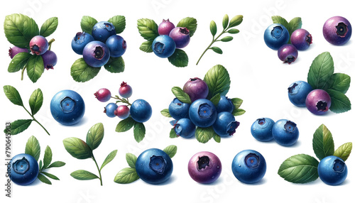 Assorted fresh blueberries with vibrant green leaves on a white background, ideal for healthy eating and nutrition concepts or summer-themed designs