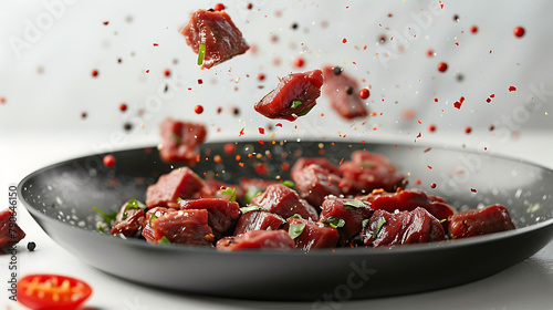 Beef milled meat flying from a pan, isolated on white background, hyperrealistic food photography