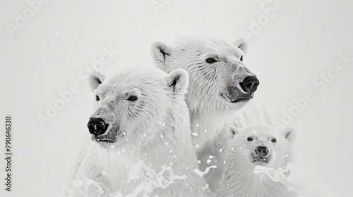 Family of polar bears close up, wild animals concept, white background, banner