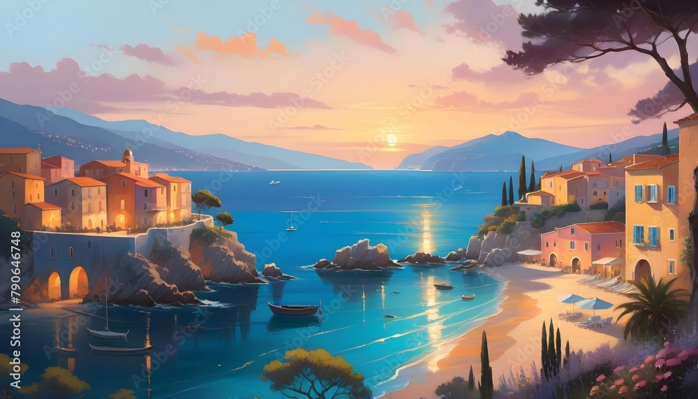 A picturesque Mediterranean coastal village at sunset, featuring warmly lit houses, boats on calm waters, and a serene sky.