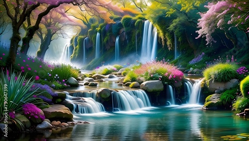 A vibrant and serene landscape featuring multiple waterfalls cascading into a tranquil river  surrounded by lush greenery and colorful blossoms.
