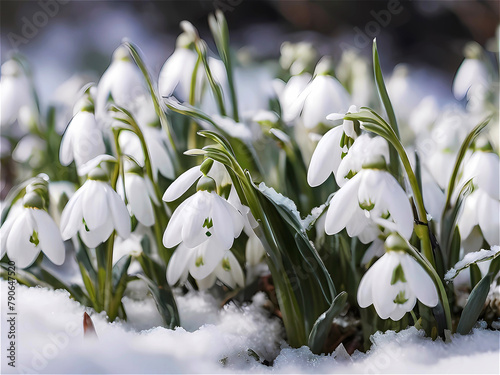 Snowdrop flowers in the snow, selective focus, blur, sunlight.