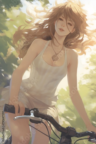 A carefree anime girl with windblown hair and a carefree smile  riding a bicycle through a sundappled forest