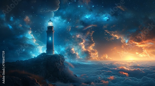 A magical lighthouse on a cliff, guiding ships through storms with spells instead of light, under a starry sky