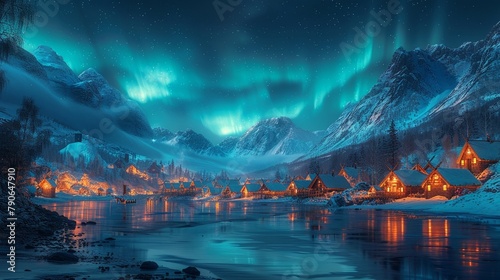 A Viking village frozen in time, discovered beneath the northern lights, with warriors ready for Valhalla photo