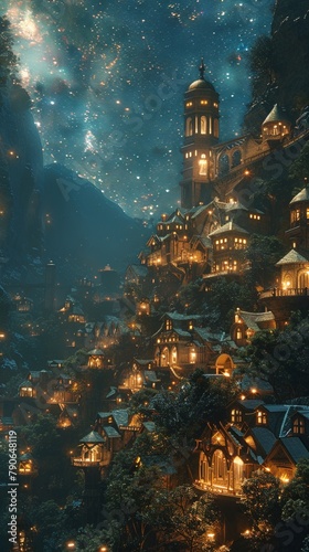 An elven city in an ancient forest, hidden from the modern world by enchantments, under a canopy of stars