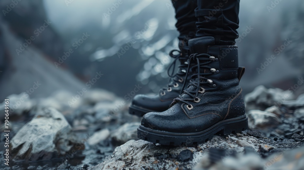 Cool black leather boots, ideal for outdoor adventures, symbolizing courage and determination Cool black leather boots, ideal for outdoor adventures, symbolizing courage and determination