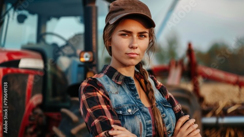 Confident woman in work attire, standing proudly in front of a tractor, epitomizing female empowerment in agriculture