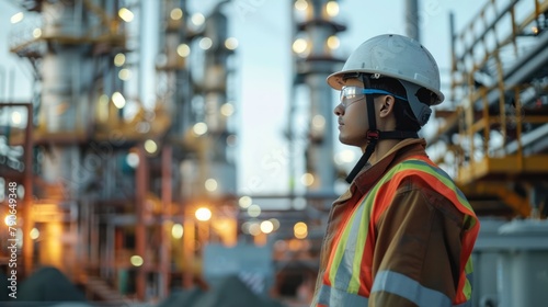 Depict a portrait of an engineer standing amidst a bustling construction site, their helmet and safety suit blending seamlessly with the industrial backdrop