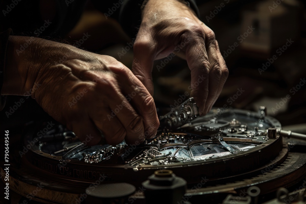 Envision a portrait of an engineer's hands meticulously assembling an intricate device, their helmet casting a shadow over their focused work Envision a portrait of an engineer's hands meticulously assembling an intricate device, their helmet casting a shadow over their focused work
