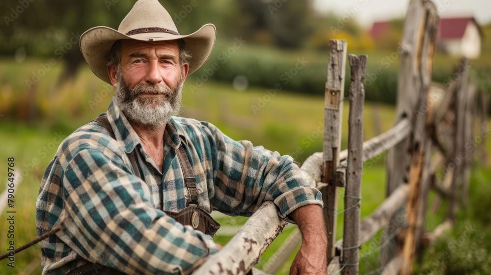 Handsome male farmer leaning against a wooden fence, his rugged features reflecting hard work and resilience Handsome male farmer leaning against a wooden fence, his rugged features reflecting hard work and resilience