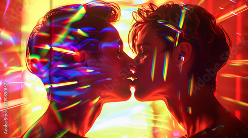 Gay couple facing each other Their noses pressed together, ready to kiss, Amidst the red and rainbow lights that shine on the background