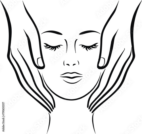 Woman's face with closed eyes and two hands