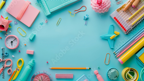A neatly organized array of school essentials in pastel tones photo