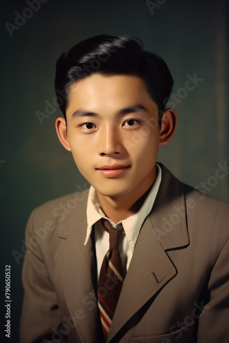 vintage photo young asian man wearing gray suit and tie in 1960s studio portrait 